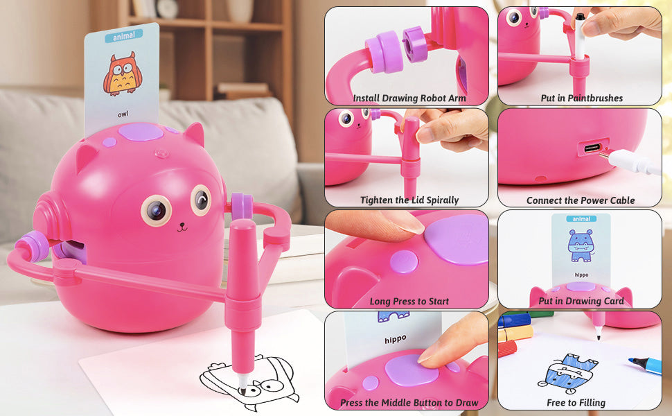 Pink drawing robot with assembly instructions and usage examples.