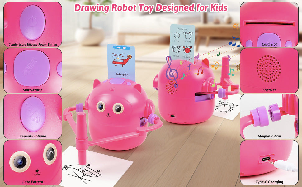 Drawing Robot for Kids with 100 Cards, Voice Interactive Educational Drawing Machine, Montessori Painting Learning Toys