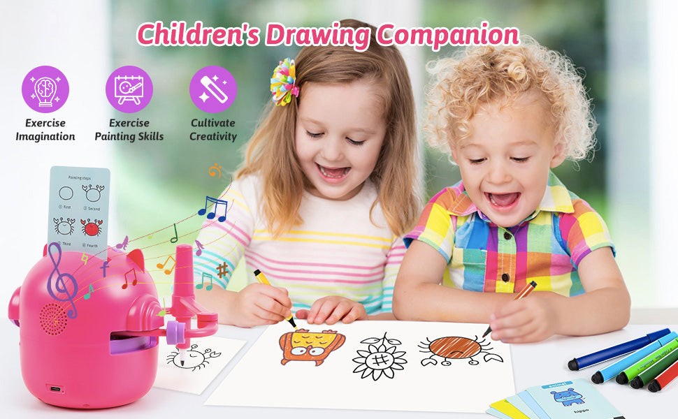 Two children drawing with a pink drawing machine, surrounded by colorful markers and a music sheet.