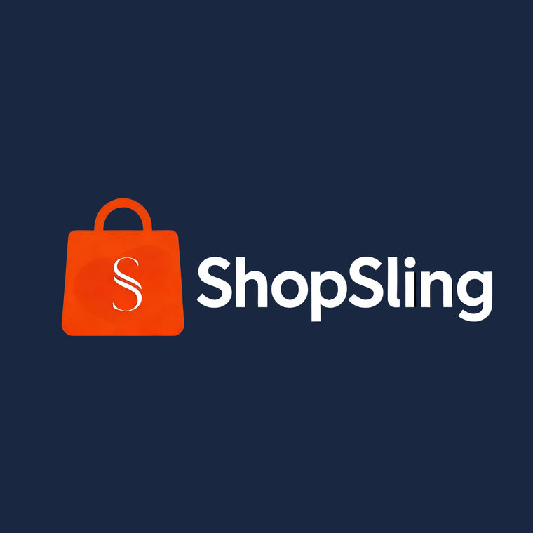 ShopSling logo with an orange shopping bag icon on a black background